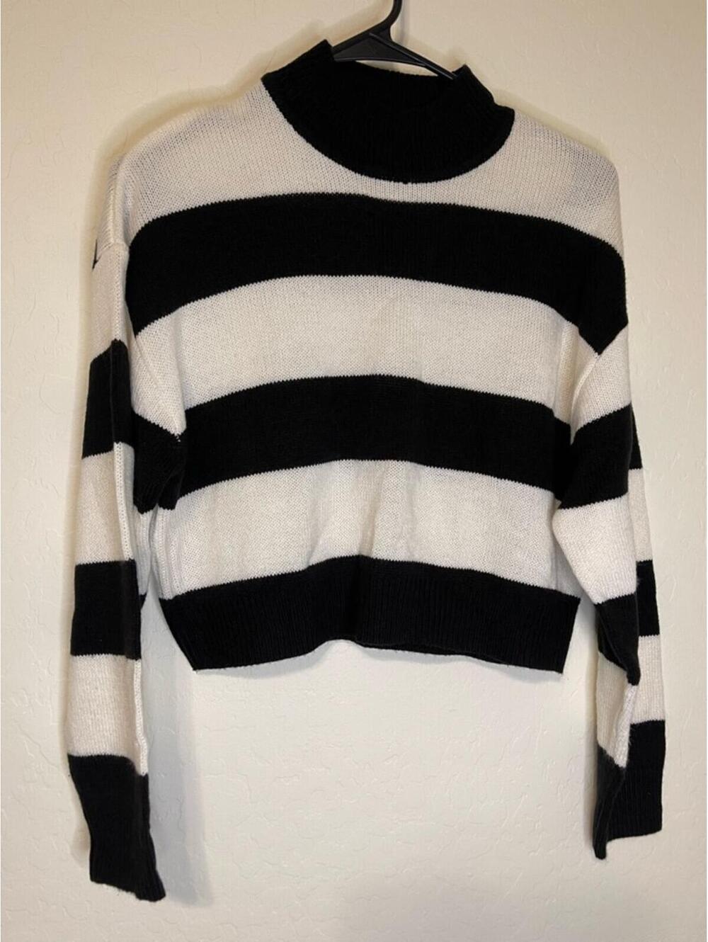 Divided Black and White Striped Turtleneck Sweater